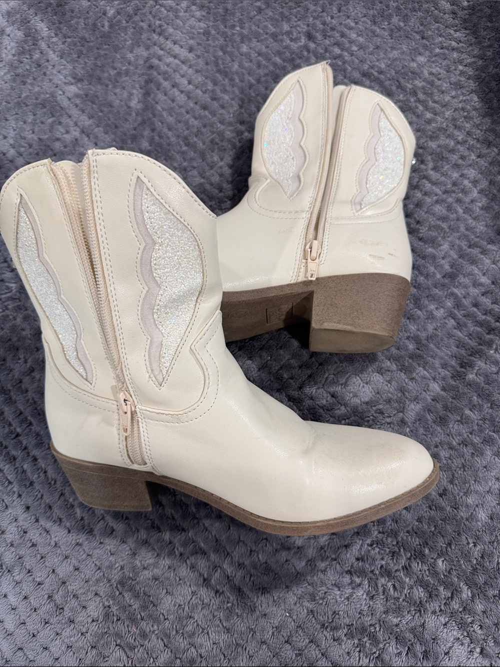 Girls' Cream Glitter Western Ankle Boots with Side Zip